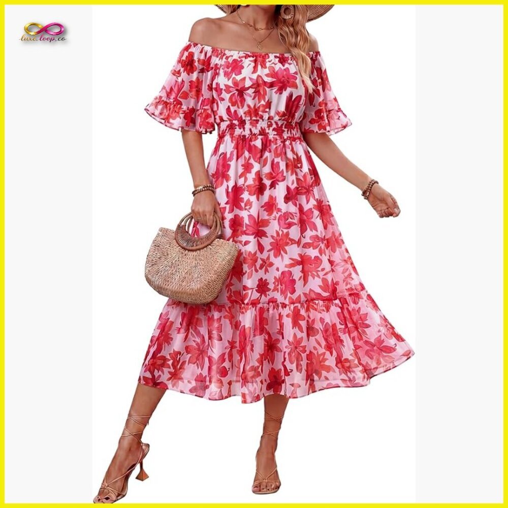 Boho Off Shoulder Midi Dress Ruffle Sleeve Smocked Waist Flowy Summer